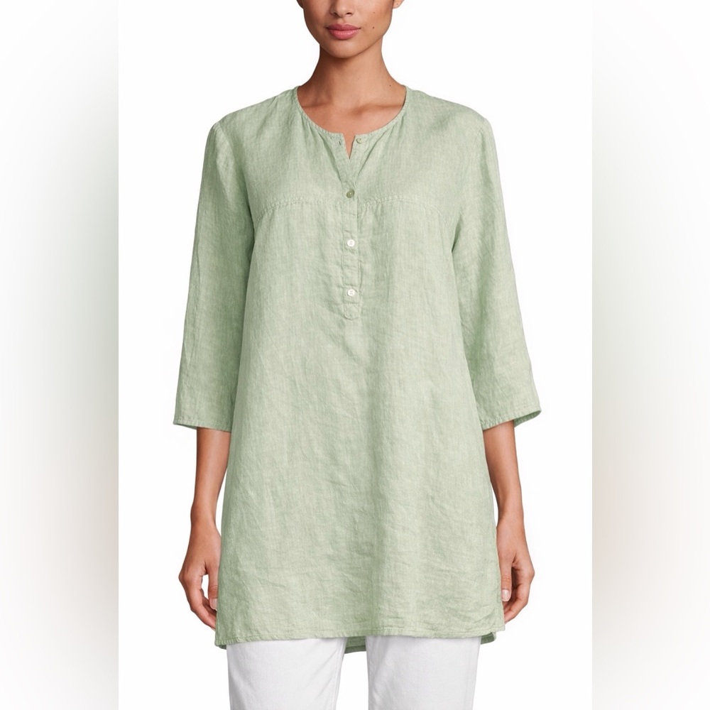 Eileen Fisher Mandarin Collar Half Button Down Irish Linen Tunic Top Size XL